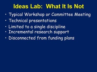 Ideas Lab: What It Is Not
• Typical Workshop or Committee Meeting
• Technical presentations
• Limited to a single discipline
• Incremental research support
• Disconnected from funding plans
 