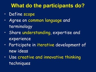 What do the participants do?
• Define scope
• Agree on common language and
terminology
• Share understanding, expertise and
experience
• Participate in iterative development of
new ideas
• Use creative and innovative thinking
techniques
 