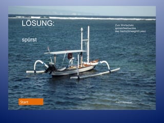 LÖSUNG:

Zum Wortschatz:
spüren/feel/sentire
das Gechicht/weight/il peso

spürst

Start

Foto F.Ramsauer

 