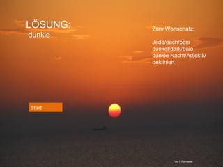 LÖSUNG:
dunkle

Zum Wortschatz:
Jede/each/ogni
dunkel/dark/buio
dunkle Nacht/Adjektiv
dekliniert

Start

Foto F.Ramsauer

 
