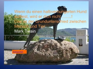 Wenn du einen halbverhungerten Hund
aufliest, wird er dich nicht …….!
Das ist der Grundunterschied zwischen
Mensch und Tier.
Mark Twain

Antworten

 