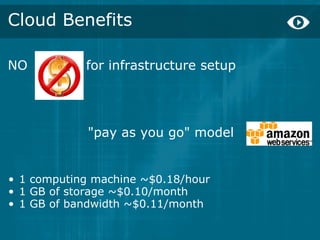 Cloud Benefits

NO             for infrastructure setup




             "pay as you go" model


• 1 computing machine ~$0.18/hour
• 1 GB of storage ~$0.10/month
• 1 GB of bandwidth ~$0.11/month
 