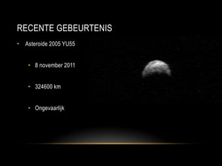 RECENTE GEBEURTENIS
• Asteroide 2005 YU55


    • 8 november 2011


    • 324600 km


    • Ongevaarlijk
 