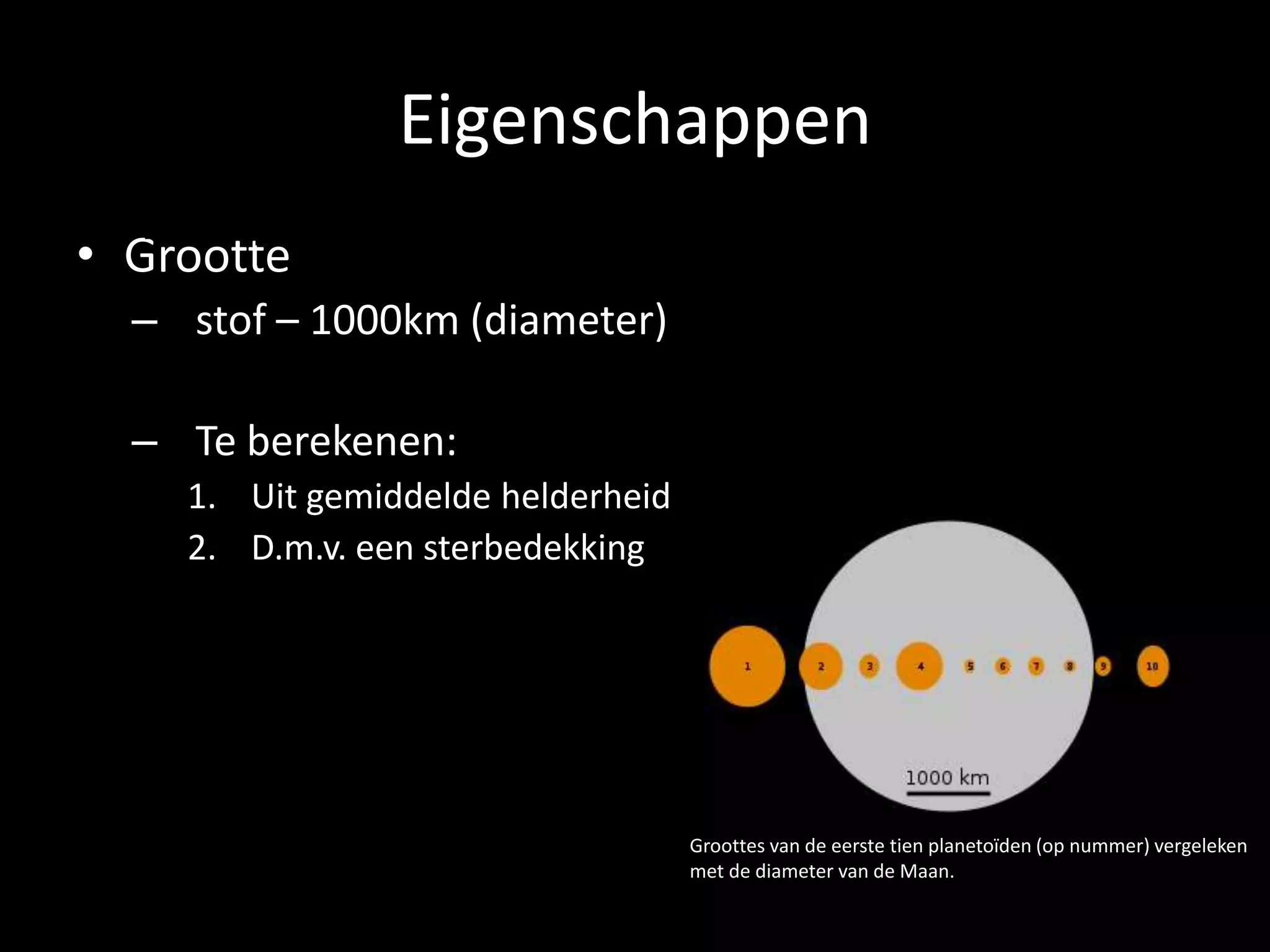 Eigenschappen
  Dertien planetoïden uit de planetoïdengordel groter dan 250 km in diameter:
• Grootte
  – stof – 1000km (diameter)

  – Te berekenen:
     1. Uit gemiddelde helderheid
     2. D.m.v. een sterbedekking



• Groottes van de eerste tien planetoïden (op
  nummer) vergeleken met de diameter van de
                                        Groottes van de eerste tien planetoïden (op nummer) vergeleken
                                        met de diameter van de Maan.
 