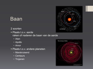 Baan
2 soorten
 Plaats t.o.v. aarde
  raken of naderen de baan van de aarde
  • Aten
  • Apollo
  • Amor
 Plaats t.o.v. andere planeten
  • Marskruisend
  • Centaurs
  • Trojanen
 