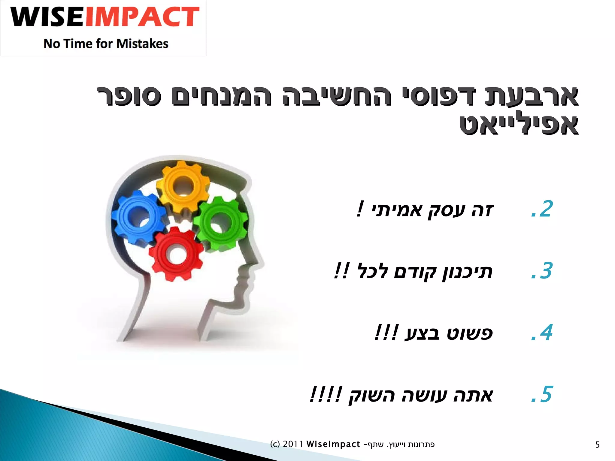 ארבעת דפוסי החשיבה המנחים סופר אפילייאט זה עסק אמיתי  ! תיכנון קודם לכל  !!  פשוט בצע  !!! אתה עושה השוק  !!!! (c) 2011  WiseImpact  – פתרונות וייעוץ  .   שתף 