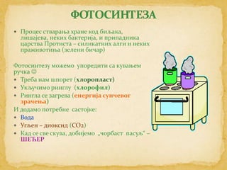  Процес стварања хране код биљака,
  лишајева, неких бактерија, и припадника
  царства Протиста – силикатних алги и неких
  праживотиња (зелени бичар)

Фотосинтезу можемо упоредити са кувањем
ручка 
 Треба нам шпорет (хлоропласт)
 Укључимо ринглу (хлорофил)
 Рингла се загрева (енергија сунчевог
  зрачења)
И додамо потребне састојке:
 Вода
 Угљен – диоксид (СО2)
 Кад се све скува, добијемо „чорбаст пасуљ“ –
  ШЕЋЕР
 