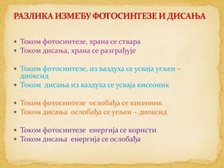  Током фотосинтезе, храна се ствара
 Током дисања, храна се разграђује

 Током фотосинтезе, из ваздуха се усваја угљен –
  диоксид
 Током дисања из ваздуха се усваја кисеоник

 Током фотосинтезе ослобађа се кисеоник
 Током дисања ослобађа се угљен – диоксид

 Током фотосинтезе енергија се користи
 Током дисања енергија се ослобађа
 