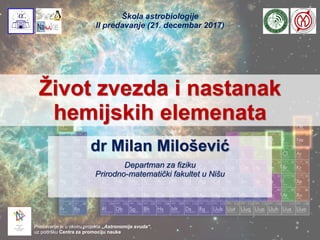 Život zvezda i nastanak
hemijskih elemenata
dr Milan Milošević
Departman za fiziku
Prirodno-matematički fakultet u Nišu
Škola astrobiologije
II predavanje (21. decembar 2017)
Predavanje je u okviru projekta „Astronomija svuda“,
uz podršku Centra za promociju nauke
 