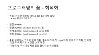 프로그래밍의 꽃 = 최적화
• 목표: 저렴한 컴퓨팅 파워로 E2E 2초 이내 응답!
• http 콜 한번으로 처리
• 런칭: 6400ms
• 중간: 4200ms (medium 2 core x 5대)
• 현재: 1400ms (small instance 1 core x 2대)
• 향후: 1100ms (small instance 1 core 1대)
• 주요 변곡점: C 코드로 일부 전환, 중복 처리 제거, CQRS 제거, 키워드 최적화, 인덱싱
개선. 이미지 각도 보정은 UX로 해결
• 더 빨리 할 구석이 많지만 일단 퀄리티는 확보했음.
 