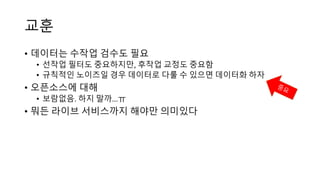 교훈
• 데이터는 수작업 검수도 필요
• 선작업 필터도 중요하지만, 후작업 교정도 중요함
• 규칙적인 노이즈일 경우 데이터로 다룰 수 있으면 데이터화 하자
• 오픈소스에 대해
• 보람없음. 하지 말까...ㅠ
• 뭐든 라이브 서비스까지 해야만 의미있다
 