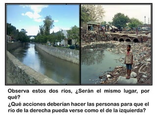 Observa estos dos ríos, ¿Serán el mismo lugar, por
qué?
¿Qué acciones deberían hacer las personas para que el
río de la derecha pueda verse como el de la izquierda?
 