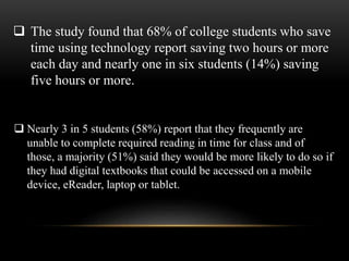  The study found that 68% of college students who save 
time using technology report saving two hours or more 
each day and nearly one in six students (14%) saving 
five hours or more. 
 Nearly 3 in 5 students (58%) report that they frequently are 
unable to complete required reading in time for class and of 
those, a majority (51%) said they would be more likely to do so if 
they had digital textbooks that could be accessed on a mobile 
device, eReader, laptop or tablet. 
 
