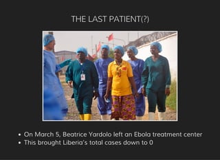 THE LAST PATIENT(?)
On March 5, Beatrice Yardolo left an Ebola treatment center
This brought Liberia’s total cases down to 0
 