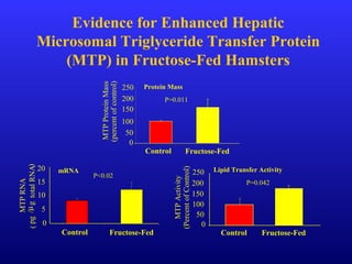 0
50
100
150
200
250
Control Fructose-Fed
MTPActivity
(PercentofControl)
P=0.042
0
5
10
15
20
Control
MTPRNA
P<0.02
0
50
100
200
250
MTPProteinMass
(percentofcontrol)
150
Fructose-Fed
P=0.011
Control
Fructose-Fed
totalRNA/µgpg)(
Protein Mass
mRNA Lipid Transfer Activity
Evidence for Enhanced Hepatic
Microsomal Triglyceride Transfer Protein
(MTP) in Fructose-Fed Hamsters
 