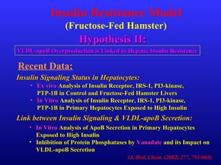 Insulin Signaling Status in Hepatocytes:Insulin Signaling Status in Hepatocytes:
• Ex vivoEx vivo Analysis of Insulin Receptor, IRS-1, PI3-kinase,Analysis of Insulin Receptor, IRS-1, PI3-kinase,
PTP-1B in Control and Fructose-Fed Hamster LiversPTP-1B in Control and Fructose-Fed Hamster Livers
• In VitroIn Vitro Analysis of Insulin Receptor, IRS-1, PI3-kinase,Analysis of Insulin Receptor, IRS-1, PI3-kinase,
PTP-1B in Primary Hepatocytes Exposed to High InsulinPTP-1B in Primary Hepatocytes Exposed to High Insulin
Link between Insulin Signaling & VLDL-apoB Secretion:Link between Insulin Signaling & VLDL-apoB Secretion:
• In VitroIn Vitro Analysis of ApoB Secretion in Primary HepatocytesAnalysis of ApoB Secretion in Primary Hepatocytes
Exposed to High InsulinExposed to High Insulin
• Inhibition of Protein Phosphatases byInhibition of Protein Phosphatases by VanadateVanadate and its Impact onand its Impact on
VLDL-apoB SecretionVLDL-apoB Secretion
(J. Biol. Chem. (2002) 277, 793-803)
Hypothesis II:Hypothesis II:
VLDL-apoB Overproduction is Linked to Hepatic Insulin ResistanceVLDL-apoB Overproduction is Linked to Hepatic Insulin Resistance
Insulin Resistance Model
(Fructose-Fed Hamster)
Recent Data:
 