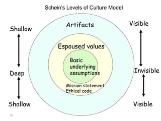 30
Schein’s Levels of Culture Model
Shallow
Visible
Deep Invisible
Basic
underlying
assumptions
Artifacts
Espoused values
Mission statement
Ethical code
Shallow Visible
 