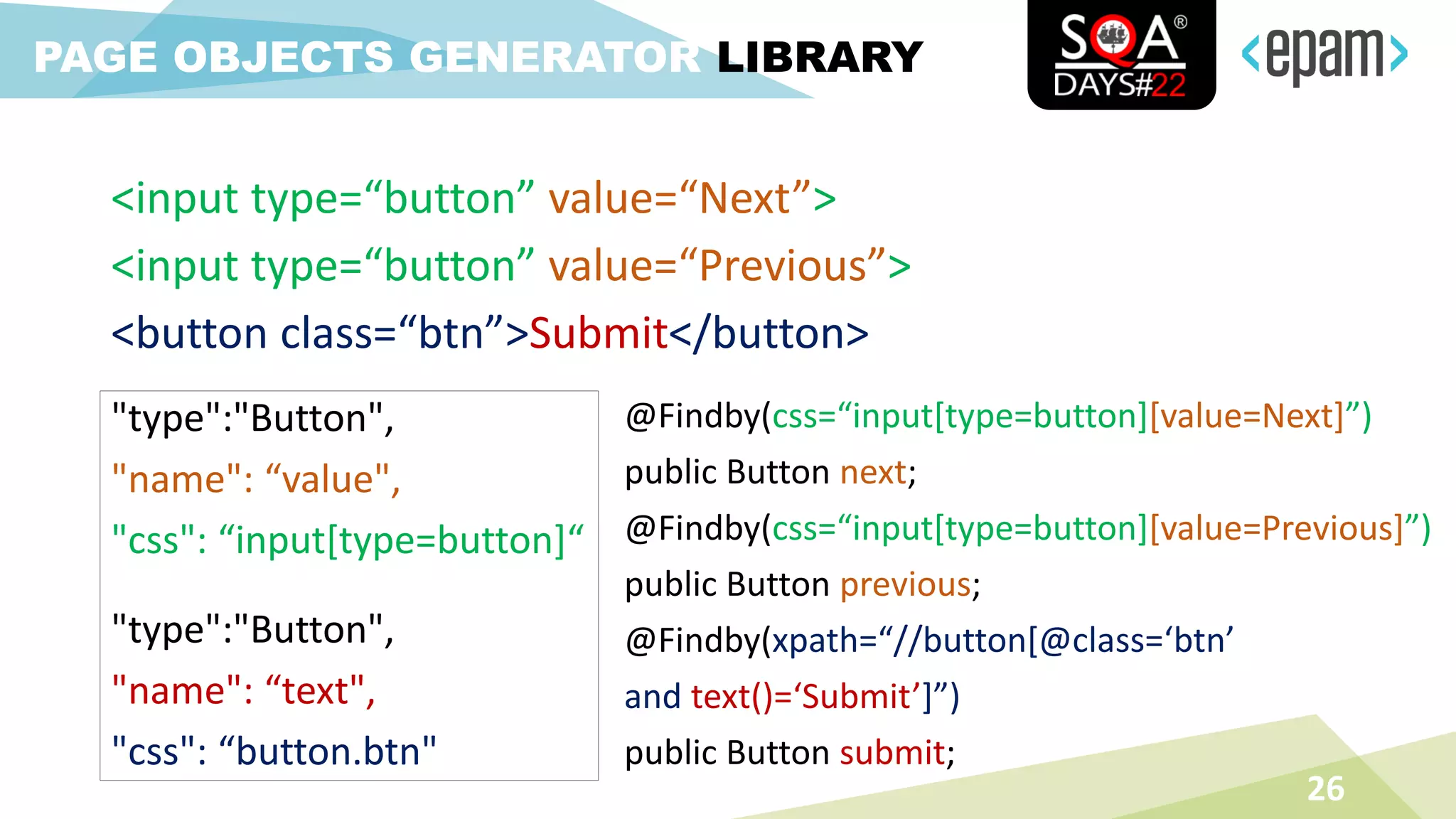 <input type=“button” value=“Next”>
<input type=“button” value=“Previous”>
<button class=“btn”>Submit</button>
26
PAGE OBJECTS GENERATOR LIBRARY
"type":"Button",
"name": “value",
"css": “input[type=button]“
"type":"Button",
"name": “text",
"css": “button.btn"
@Findby(css=“input[type=button][value=Next]”)
public Button next;
@Findby(css=“input[type=button][value=Previous]”)
public Button previous;
@Findby(xpath=“//button[@class=‘btn’
and text()=‘Submit’]”)
public Button submit;
 