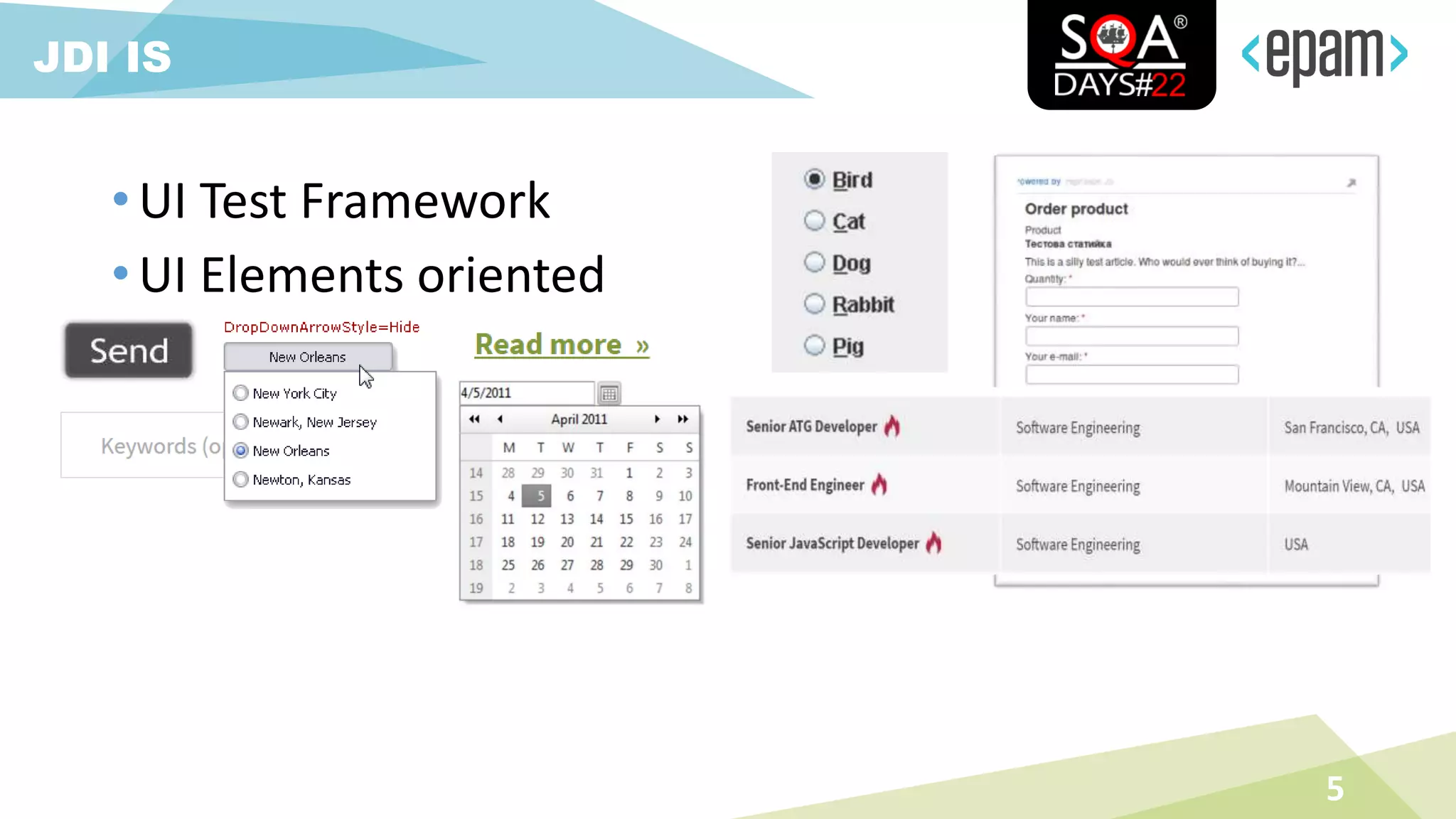 • UI Test Framework
• UI Elements oriented
5
JDI IS
 