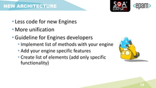 14
NEW ARCHITECTURE
• Less code for new Engines
• More unification
• Guideline for Engines developers
• Implement list of methods with your engine
• Add your engine specific features
• Create list of elements (add only specific
functionality)
 