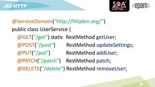 @ServiceDomain("http://httpbin.org/")
public class UserService {
@GET("/get") static RestMethod getUser;
@POST("/post") RestMethod updateSettings;
@PUT("/put") RestMethod addUser;
@PATCH("/patch") RestMethod patch;
@DELETE("/delete") RestMethod removeUser;
36
JDI HTTP
 