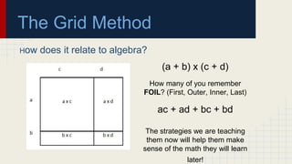 The Grid Method
How does it relate to algebra?
(a + b) x (c + d)
How many of you remember
FOIL? (First, Outer, Inner, Last)
ac + ad + bc + bd
The strategies we are teaching
them now will help them make
sense of the math they will learn
later!
 