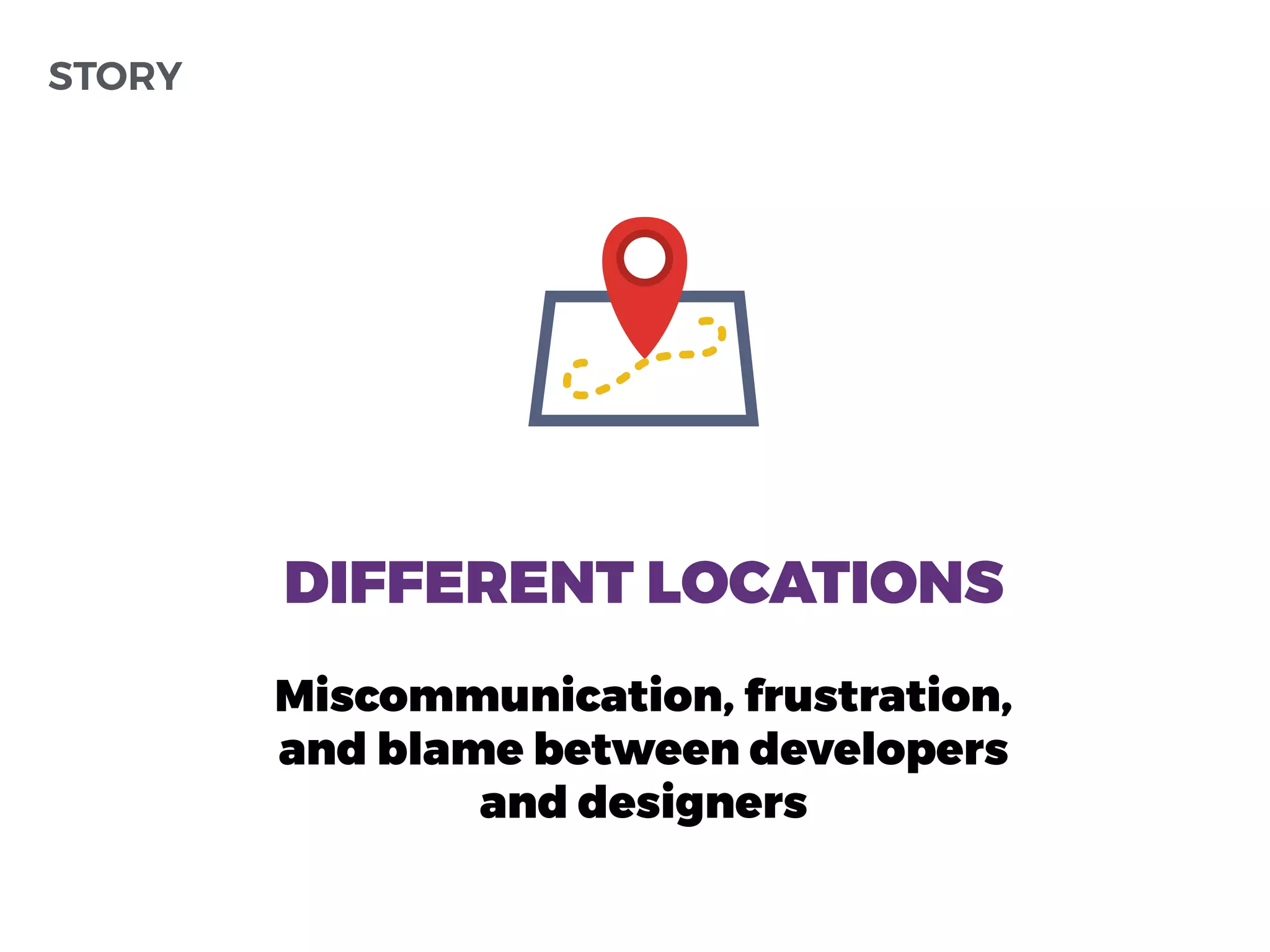 DIFFERENT LOCATIONS
Miscommunication, frustration,
and blame between developers
and designers
STORY
 