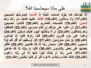 ‫هللا؟‬ ‫سيحاسبنا‬ ‫ماذا‬ ‫علي‬
‫ا‬َ‫ن‬ِ‫إ‬ْ‫م‬ُ‫ه‬‫ا‬َ‫ن‬ ْ‫و‬َ‫ل‬َ‫ب‬‫ا‬َ‫م‬َ‫ك‬‫ا‬َ‫ن‬ ْ‫و‬َ‫ل‬َ‫ب‬َ‫اب‬َ‫ح‬ْ‫ص‬َ‫أ‬ِ‫ة‬َ‫ن‬َ‫ج‬ْ‫ل‬‫ا‬ْ‫ذ‬ِ‫إ‬‫وا‬ُ‫م‬َ‫س‬ْ‫ق‬َ‫أ‬‫ا‬َ‫ه‬َ‫ن‬ُ‫م‬ ِ‫ر‬ْ‫ص‬ٌََ‫ل‬َ‫ٌِن‬‫ح‬ِ‫ب‬ْ‫ص‬ُ‫م‬
‫﴿القلم‬:17﴾َ‫ال‬ َ‫و‬َ‫ون‬ُ‫ن‬ْ‫ث‬َ‫ت‬ْ‫س‬ٌَ‫﴿القلم‬:18﴾َ‫اؾ‬َ‫ط‬َ‫ف‬‫ا‬َ‫ه‬ٌَْ‫ل‬َ‫ع‬‫ِؾ‬‫ب‬‫ا‬َ‫ط‬‫ن‬‫م‬َ‫ك‬‫ب‬َ‫ر‬ْ‫م‬ُ‫ه‬ َ‫و‬
َ‫ون‬ُ‫م‬ِ‫ب‬‫ا‬َ‫ن‬‫﴿القلم‬:19﴾ْ‫ت‬َ‫ح‬َ‫ب‬ْ‫ص‬َ‫ؤ‬َ‫ف‬ِ‫ٌم‬ ِ‫ر‬َ‫ص‬‫ال‬َ‫ك‬‫﴿القلم‬:20﴾‫َوا‬‫د‬‫ا‬َ‫ن‬َ‫ت‬َ‫ف‬َ‫ٌِن‬‫ح‬ِ‫ب‬ْ‫ص‬ُ‫م‬
‫﴿القلم‬:21﴾ِ‫ن‬َ‫أ‬‫ُوا‬‫د‬ْ‫اؼ‬‫ى‬َ‫ل‬َ‫ع‬ْ‫م‬ُ‫ك‬ِ‫ث‬ْ‫ر‬َ‫ح‬‫ن‬ِ‫إ‬ْ‫م‬ُ‫ت‬‫ن‬ُ‫ك‬َ‫ٌِن‬‫م‬ ِ‫ار‬َ‫ص‬‫﴿القلم‬:22﴾‫وا‬ُ‫ق‬َ‫ل‬َ‫ط‬‫ان‬َ‫ف‬
ْ‫م‬ُ‫ه‬ َ‫و‬َ‫ون‬ُ‫ت‬َ‫ف‬‫ا‬َ‫خ‬َ‫ت‬ٌَ‫﴿القلم‬:23﴾‫ن‬َ‫أ‬َ‫ال‬‫ا‬َ‫ه‬َ‫ن‬َ‫ل‬ُ‫خ‬ْ‫د‬ٌََ‫م‬ ْ‫و‬ٌَْ‫ل‬‫ا‬‫م‬ُ‫ك‬ٌَْ‫ل‬َ‫ع‬‫ٌِن‬‫ك‬ْ‫س‬‫م‬‫﴿القلم‬:24﴾
‫ا‬ ْ‫َو‬‫د‬َ‫ؼ‬ َ‫و‬‫ى‬َ‫ل‬َ‫ع‬‫د‬ ْ‫ر‬َ‫ح‬َ‫ٌن‬ِ‫ِر‬‫د‬‫ا‬َ‫ق‬‫﴿القلم‬:25﴾‫ا‬َ‫م‬َ‫ل‬َ‫ف‬‫َا‬‫ه‬ ْ‫و‬َ‫أ‬َ‫ر‬‫وا‬ُ‫ل‬‫ا‬َ‫ق‬‫ا‬َ‫ن‬ِ‫إ‬َ‫ون‬‫ال‬َ‫ض‬َ‫ل‬
‫﴿القلم‬:26﴾ْ‫ل‬َ‫ب‬ُ‫ن‬ْ‫ح‬َ‫ن‬َ‫ون‬ُ‫م‬‫و‬ُ‫ر‬ ْ‫ح‬َ‫م‬‫﴿القلم‬:27﴾َ‫ل‬‫ا‬َ‫ق‬ْ‫م‬ُ‫ه‬ُ‫ط‬َ‫س‬ ْ‫و‬َ‫أ‬ْ‫م‬َ‫ل‬َ‫أ‬‫ل‬ُ‫ق‬َ‫أ‬ْ‫م‬ُ‫ك‬َ‫ل‬َ‫ال‬ ْ‫و‬َ‫ل‬
َ‫ون‬ُ‫ح‬‫ب‬َ‫س‬ُ‫ت‬‫﴿القلم‬:28﴾‫وا‬ُ‫ل‬‫ا‬َ‫ق‬َ‫ان‬َ‫ح‬ْ‫ب‬ُ‫س‬‫ا‬َ‫ن‬‫ب‬َ‫ر‬‫ا‬َ‫ن‬ِ‫إ‬‫ا‬َ‫ن‬ُ‫ك‬َ‫ٌِن‬‫م‬ِ‫ل‬‫ا‬َ‫ظ‬‫﴿القلم‬:29﴾َ‫ل‬َ‫ب‬ْ‫ق‬َ‫ؤ‬َ‫ف‬
ْ‫م‬ُ‫ه‬ُ‫ض‬ْ‫ع‬َ‫ب‬‫ى‬َ‫ل‬َ‫ع‬‫ض‬ْ‫ع‬َ‫ب‬َ‫ون‬ُ‫م‬ َ‫و‬ َ‫ال‬َ‫ت‬ٌَ‫﴿القلم‬:30﴾‫وا‬ُ‫ل‬‫ا‬َ‫ق‬‫ا‬ٌَ‫ا‬َ‫ن‬َ‫ل‬ٌْ َ‫و‬‫ا‬َ‫ن‬ِ‫إ‬‫ا‬َ‫ن‬ُ‫ك‬َ‫ٌِن‬‫ؼ‬‫ا‬َ‫ط‬
‫﴿القلم‬:31﴾‫ى‬َ‫س‬َ‫ع‬‫ا‬َ‫ن‬‫ب‬َ‫ر‬‫ن‬َ‫أ‬‫ا‬َ‫ن‬َ‫ل‬ِ‫د‬ْ‫ب‬ٌُ‫ا‬ً‫ر‬ٌَْ‫خ‬‫ا‬َ‫ه‬ْ‫ن‬‫م‬‫ا‬َ‫ن‬ِ‫إ‬‫ى‬َ‫ل‬ِ‫إ‬‫ا‬َ‫ن‬‫ب‬َ‫ر‬َ‫ون‬ُ‫ب‬ِ‫ؼ‬‫ا‬َ‫ر‬
‫﴿القلم‬:32﴾َ‫ك‬ِ‫ل‬َ‫ذ‬َ‫ك‬ُ‫اب‬َ‫ذ‬َ‫ع‬ْ‫ل‬‫ا‬ُ‫اب‬َ‫ذ‬َ‫ع‬َ‫ل‬ َ‫و‬ِ‫ة‬َ‫ِر‬‫خ‬ ْ‫اآل‬ُ‫ر‬َ‫ب‬ْ‫ك‬َ‫أ‬ْ‫و‬َ‫ل‬‫وا‬ُ‫ن‬‫ا‬َ‫ك‬َ‫ون‬ُ‫م‬َ‫ل‬ْ‫ع‬ٌَ‫﴿القلم‬:33﴾
‫الكرٌم‬ ‫القرآن‬ ‫لمتدبري‬ ‫العالمٌة‬ ‫الرابطة‬-2019 18
 