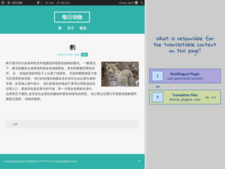 Multilingual Plugin
user generated content
Translation Files
theme, plugins, core
?
?
What is responsible for
the translatable content
on this page?
or
.po, .mo
 