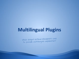 Multilingual Plugins
Which plugins extend Wordpress core
to provide multilingual capabilities?
 