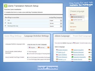 Zanto WP Translation
Stay tuned for next talk:
Multisite for Multilingual
 