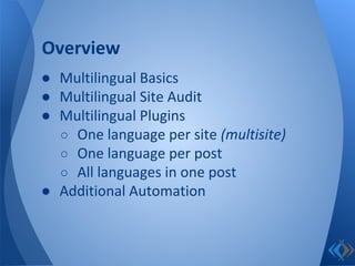 ● Multilingual Basics
● Multilingual Site Audit
● Multilingual Plugins
○ One language per site (multisite)
○ One language per post
○ All languages in one post
● Additional Automation
Overview
 