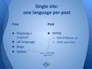 Free
● Polylang (+
Lingotek)
● xili-language
● Bogo
● Babble
Paid
● WPML
○ $29-$79/year, or
○ $195 one-time
Single site:
one language per post
Not in WP plugin
repository
 