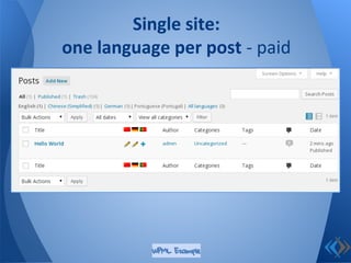 Single site:
one language per post - paid
WPML Example
 