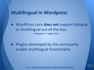 ● WordPress core does not support bilingual
or multilingual out-of-the-box
● Plugins developed by the community
enable multilingual functionality
Multilingual in Wordpress
source: http://codex.wordpress.org/Multilingual_WordPress
( unilingual is supported )
 