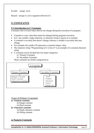 Compiled By: Er. K. KHAJA MOHIDEEN, Assistant Professor / Information Technology Page 20
Invalid : unsign int k;
Reason : unsign is a not a augment allowed in C.
5. CONSTANTS
5.1 Introduction to C Constants
Constants refer to fixed values that do not change during the execution of a program.
 Constant is a any value that cannot be changed during program execution.
 In C, any number, single character, or character string is known as a constant.
 A constant is an entity that doesn’t change whereas a variable is an entity that may
change.
 For example, the number 50 represents a constant integer value.
 The character string "Programming in C is fun.n" is an example of a constant character
string.
 C constants can be divided into two major categories:
a) Primary Constants
b) Secondary Constants
These constants are further categorized as
Types of Primary Constants
a) Numeric constant
(i) Integer constant
(ii) Real constant
b) Character constant
(i) Single character constant
(ii) String constant
a) Numeric Constants
 