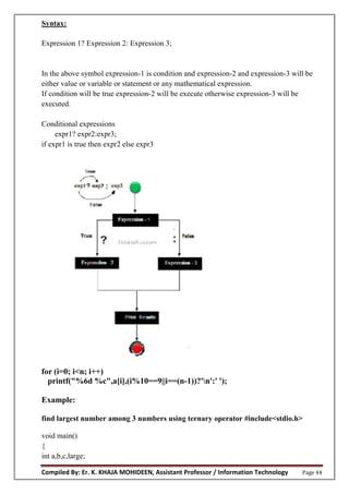 Compiled By: Er. K. KHAJA MOHIDEEN, Assistant Professor / Information Technology Page 44
Syntax:
Expression 1? Expression 2: Expression 3;
In the above symbol expression-1 is condition and expression-2 and expression-3 will be
either value or variable or statement or any mathematical expression.
If condition will be true expression-2 will be execute otherwise expression-3 will be
executed.
Conditional expressions
expr1? expr2:expr3;
if expr1 is true then expr2 else expr3
f r (i ; i n; i )
printf("%6d %c",a[i],(i%10==9||i==(n-1))?'n':' ');
Example:
find largest number among 3 numbers using ternary operator #include<stdio.h>
void main()
{
int a,b,c,large;
 