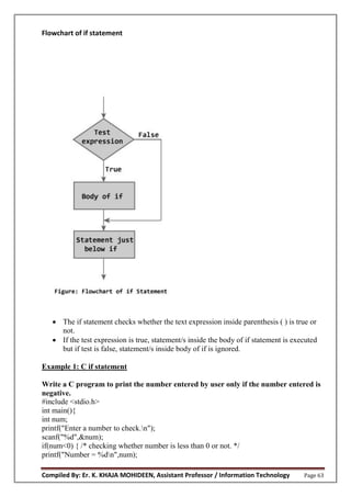 Compiled By: Er. K. KHAJA MOHIDEEN, Assistant Professor / Information Technology Page 63
Flowchart of if statement
 The if statement checks whether the text expression inside parenthesis ( ) is true or
not.
 If the test expression is true, statement/s inside the body of if statement is executed
but if test is false, statement/s inside body of if is ignored.
Example 1: C if statement
Write a C program to print the number entered by user only if the number entered is
negative.
#include <stdio.h>
int main(){
int num;
printf("Enter a number to check.n");
scanf("%d",&num);
if(num<0) { /* checking whether number is less than 0 or not. */
printf("Number = %dn",num);
 