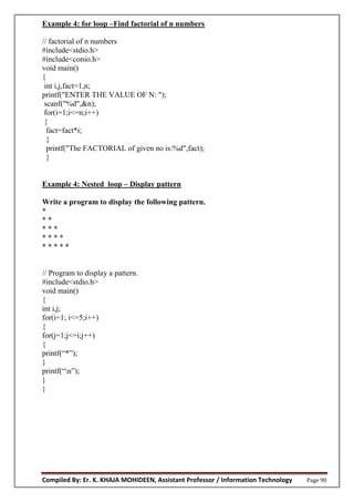 Compiled By: Er. K. KHAJA MOHIDEEN, Assistant Professor / Information Technology Page 90
Example 4: for loop –Find factorial of n numbers
// factorial of n numbers
#include<stdio.h>
#include<conio.h>
void main()
{
int i,j,fact=1,n;
printf("ENTER THE VALUE OF N: ");
scanf("%d",&n);
for(i=1;i<=n;i++)
{
fact=fact*i;
}
printf("The FACTORIAL of given no is:%d",fact);
}
Example 4: Nested loop – Display pattern
Write a program to display the following pattern.
*
* *
* * *
* * * *
* * * * *
// Program to display a pattern.
#include<stdio.h>
void main()
{
int i,j;
for(i=1; i<=5;i++)
{
for(j=1;j<=i;j++)
{
printf(“*”);
}
printf(“n”);
}
}
 
