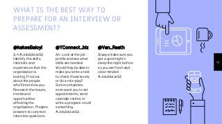 WHAT IS THE BEST WAY TO
PREPARE FOR AN INTERVIEW OR
ASSESSMENT?
@kakesBaloyi
A:4 #JobAdviceSA
Identify the skills,
interests and
experiences that the
organisation is
looking. Find out
about the people
who'll interview you.
Research the issues,
trends and
opportunities
affecting the
organisation. Prepare
answers to common
interview questions.
@YConnect_biz
A4: Look at the job
profile and see what
skills are needed.
Would they be able to
make you write a test
to check those levels,
or do a role-play?
Some companies
even want you to set
appointments, send
calendar invites or
write a program or sell
something.
#JobAdviceSA
15
@Van_Raath
Always make sure you
get a good night's
sleep the night before
so you are fresh and
clear minded
#JobAdviceSA
 