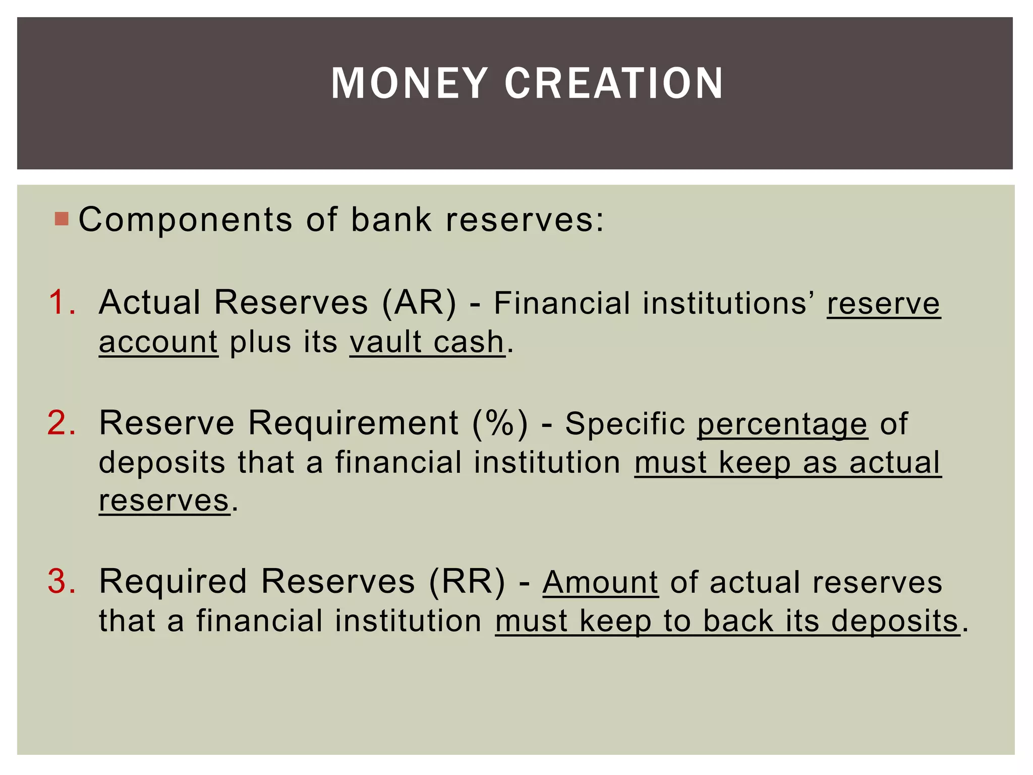 MONEY CREATION
 Components of bank reserves:
1. Actual Reserves (AR) - Financial institutions’ reserve
account plus its vault cash.
2. Reserve Requirement (%) - Specific percentage of
deposits that a financial institution must keep as actual
reserves.
3. Required Reserves (RR) - Amount of actual reserves
that a financial institution must keep to back its deposits.
 