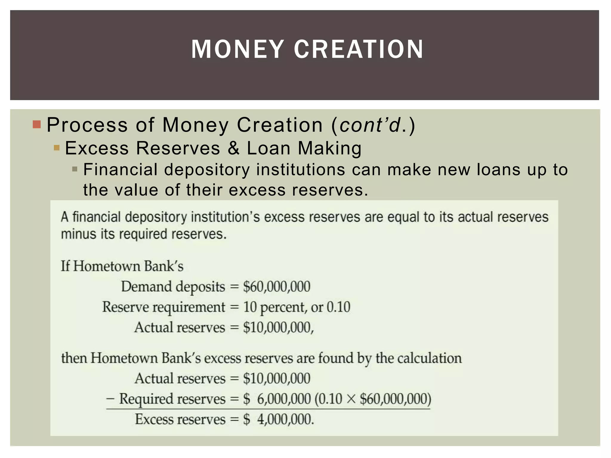 MONEY CREATION
 Process of Money Creation (cont’d.)
 Excess Reserves & Loan Making
 Financial depository institutions can make new loans up to
the value of their excess reserves.
 