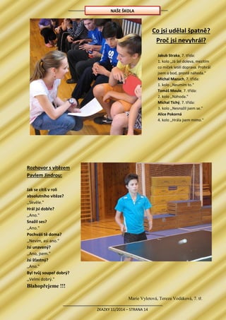 ZKAZKY 11/2014 – STRANA 14
Co jsi udělal špatně?
Proč jsi nevyhrál?
Jakub Straka, 7. třída:
1. kolo ,,Já šel doleva, mezitím
co míček letěl doprava. Prohrál
jsem o bod, prostě náhoda."
Michal Mazuch, 7. třída:
1. kolo ,,Neumím to."
Tomáš Moule, 7. třída:
2. kolo ,,Náhoda."
Michal Tichý, 7. třída:
3. kolo ,,Nesnažil jsem se."
Alice Pokorná
4. kolo ,,Hrála jsem mimo."
Rozhovor s vítězem
Pavlem Jindrou:
Jak se cítíš v roli
absolutního vítěze?
,,Skvěle."
Hrál jsi dobře?
,,Ano."
Snažil ses?
,,Ano."
Pochválí tě doma?
,,Nevím, asi ano."
Jsi unavený?
,,Ano, jsem."
Jsi šťastný?
,,Ano."
Byl tvůj soupeř dobrý?
,,Velmi dobrý."
Blahopřejeme !!!
Marie Vyletová, Tereza Vodáková, 7. tř.
NAŠE ŠKOLA
 