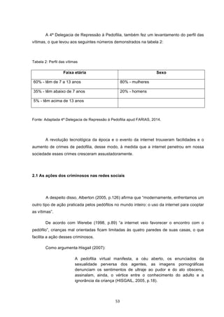   53	
  
A 4ª Delegacia de Repressão à Pedofilia, também fez um levantamento do perfil das
vítimas, o que levou aos seguintes números demonstrados na tabela 2:
Tabela 2: Perfil das vítimas
Faixa etária Sexo
60% - têm de 7 a 13 anos 80% - mulheres
35% - têm abaixo de 7 anos 20% - homens
5% - têm acima de 13 anos
Fonte: Adaptada 4ª Delegacia de Repressão à Pedofilia apud FARIAS, 2014.
A revolução tecnológica da época e o evento da internet trouxeram facilidades e o
aumento de crimes de pedofilia, desse modo, à medida que a internet penetrou em nossa
sociedade esses crimes cresceram assustadoramente.
2.1 As ações dos criminosos nas redes sociais
A despeito disso, Alberton (2005, p.126) afirma que “modernamente, enfrentamos um
outro tipo de ação praticada pelos pedófilos no mundo inteiro: o uso da internet para cooptar
as vítimas”.
De acordo com Werebe (1998, p.89) “a internet veio favorecer o encontro com o
pedófilo”, crianças mal orientadas ficam limitadas às quatro paredes de suas casas, o que
facilita a ação desses criminosos.
Como argumenta Hisgail (2007):
A pedofilia virtual manifesta, a céu aberto, os enunciados da
sexualidade perversa dos agentes, as imagens pornográficas
denunciam os sentimentos de ultraje ao pudor e do ato obsceno,
assinalam, ainda, o vértice entre o conhecimento do adulto e a
ignorância da criança (HISGAIL, 2005, p.18).
 