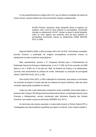   57	
  
E mais especificamente os artigos 240 e 241 que se referem à proibição da prática de
crimes virtuais, quando enfatiza ser crime envolvendo crianças e adolescentes:
Art.240. Produzir, reproduzir, dirigir, fotografar, filmar ou registrar, por
qualquer meio, cena de sexo explícito ou pornográfica, envolvendo
crianças ou adolescente. Art.241. Vender ou expor à venda fotografia,
vídeo ou outro registro que contenha cena de sexo explícito ou
pornográfica envolvendo criança ou adolescente (VADE MECUM,
2013, p.1069).
Segundo Martins (2008, p.293) os artigos 240 e 241 do ECA “criminalizam a pedofilia,
punindo inclusive, a publicação de imagens pornográficas envolvendo criança ou
adolescente na rede mundial de computadores”.
Mais recentemente, durante o 3º Congresso Mundial para o Enfrentamento da
Exploração Sexual de Crianças e Adolescentes, a Lei nº.11.829, de 25 de novembro de 2008
alterou a Lei nº.
8.069, de 13 de julho de 1990, do Estatuto da Criança e do Adolescente,
“punindo mais severamente às práticas de venda, distribuição ou produção de pornografia
infantil” (CANTON FILHO, 2012, p.106).
Para Canton Filho (2012, p.106) a alteração foi importante, pois passou a criminalizar
“as condutas de adquirir e manter este tipo de material em arquivo eletrônico, além de outras
condutas relacionadas à pedofilia na internet”.
Cada vez mais o país desenvolve campanhas contra a pedofilia, entre essas ações, é
possível citar o Disque 100 (Disque Denúncia Nacional de Abuso e Exploração Sexual contra
Crianças e Adolescentes), serviço coordenado pela Secretaria Especial dos Direitos
Humanos, que recebe e apura as denúncias (OSÓRIO et al, 2011).
As denúncias são sempre apuradas e muitas delas levaram a Polícia Federal (PF) a
investigações que desmantelaram quadrilhas que agiam na internet, como mostra a tabela 3:
 