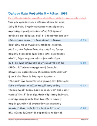 Ἐπιμέλεια κειμένου Ἰωάννης Καραδημητρόπουλος σελίς 3 ἐκ 75
Ὁμήρου Ἰλιάς Ῥαψῳδία Θ – λέξεις: 1999
Εἰς τὸ τέλος τῆς ῥαψῳδίας παρατίθεται τὸ λεξιλόγειον αὐτῆς ἄνευ ἑρμηνευτικῶν σχολίων
Ἠὼς μὲν κροκόπεπλος ἐκίδνατο πᾶσαν ἐπ’ αἶαν,
Ζεὺς δὲ θεῶν ἀγορὴν ποιήσατο τερπικέραυνος
ἀκροτάτῃ κορυφῇ πολυδειράδος Οὐλύμποιο·
αὐτὸς δέ σφ’ ἀγόρευε, θεοὶ δ’ ὑπὸ πάντες ἄκουον·
κέκλυτέ μευ πάντές τε θεοὶ πᾶσαί τε θέαιναι, Θ 05
ὄφρ’ εἴπω τά με θυμὸς ἐνὶ στήθεσσι κελεύει.
μήτέ τις οὖν θήλεια θεὸς τό γε μήτέ τις ἄρσην
πειράτω διακέρσαι ἐμὸν ἔπος, ἀλλ’ ἅμα πάντες
αἰνεῖτ’, ὄφρα τάχιστα τελευτήσω τάδε ἔργα.
ὃν δ’ ἂν ἐγὼν ἀπάνευθε θεῶν ἐθέλοντα νοήσω Θ 10
ἐλθόντ’ ἢ Τρώεσσιν ἀρηγέμεν ἢ Δαναοῖσι
πληγεὶς οὐ κατὰ κόσμον ἐλεύσεται Οὔλυμπον δέ·
ἤ μιν ἑλὼν ῥίψω ἐς Τάρταρον ἠερόεντα
τῆλε μάλ’, ἧχι βάθιστον ὑπὸ χθονός ἐστι βέρεθρον,
ἔνθα σιδήρειαί τε πύλαι καὶ χάλκεος οὐδός, Θ 15
τόσσον ἔνερθ’ Ἀΐδεω ὅσον οὐρανός ἐστ’ ἀπὸ γαίης·
γνώσετ’ ἔπειθ’ ὅσον εἰμὶ θεῶν κάρτιστος ἁπάντων.
εἰ δ’ ἄγε πειρήσασθε θεοὶ ἵνα εἴδετε πάντες·
σειρὴν χρυσείην ἐξ οὐρανόθεν κρεμάσαντες
πάντές τ’ ἐξάπτεσθε θεοὶ πᾶσαί τε θέαιναι· Θ 20
ἀλλ’ οὐκ ἂν ἐρύσαιτ’ ἐξ οὐρανόθεν πεδίον δὲ
 