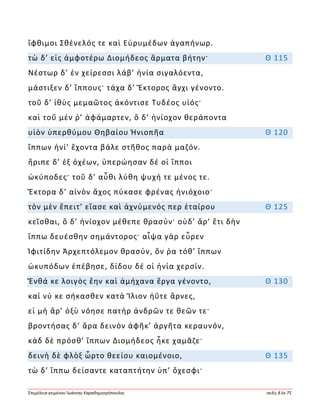 Ἐπιμέλεια κειμένου Ἰωάννης Καραδημητρόπουλος σελίς 8 ἐκ 75
ἴφθιμοι Σθένελός τε καὶ Εὐρυμέδων ἀγαπήνωρ.
τὼ δ’ εἰς ἀμφοτέρω Διομήδεος ἅρματα βήτην· Θ 115
Νέστωρ δ’ ἐν χείρεσσι λάβ’ ἡνία σιγαλόεντα,
μάστιξεν δ’ ἵππους· τάχα δ’ Ἕκτορος ἄγχι γένοντο.
τοῦ δ’ ἰθὺς μεμαῶτος ἀκόντισε Τυδέος υἱός·
καὶ τοῦ μέν ῥ’ ἀφάμαρτεν, ὃ δ’ ἡνίοχον θεράποντα
υἱὸν ὑπερθύμου Θηβαίου Ἠνιοπῆα Θ 120
ἵππων ἡνί’ ἔχοντα βάλε στῆθος παρὰ μαζόν.
ἤριπε δ’ ἐξ ὀχέων, ὑπερώησαν δέ οἱ ἵπποι
ὠκύποδες· τοῦ δ’ αὖθι λύθη ψυχή τε μένος τε.
Ἕκτορα δ’ αἰνὸν ἄχος πύκασε φρένας ἡνιόχοιο·
τὸν μὲν ἔπειτ’ εἴασε καὶ ἀχνύμενός περ ἑταίρου Θ 125
κεῖσθαι, ὃ δ’ ἡνίοχον μέθεπε θρασύν· οὐδ’ ἄρ’ ἔτι δὴν
ἵππω δευέσθην σημάντορος· αἶψα γὰρ εὗρεν
Ἰφιτίδην Ἀρχεπτόλεμον θρασύν, ὅν ῥα τόθ’ ἵππων
ὠκυπόδων ἐπέβησε, δίδου δέ οἱ ἡνία χερσίν.
Ἔνθά κε λοιγὸς ἔην καὶ ἀμήχανα ἔργα γένοντο, Θ 130
καί νύ κε σήκασθεν κατὰ Ἴλιον ἠΰτε ἄρνες,
εἰ μὴ ἄρ’ ὀξὺ νόησε πατὴρ ἀνδρῶν τε θεῶν τε·
βροντήσας δ’ ἄρα δεινὸν ἀφῆκ’ ἀργῆτα κεραυνόν,
κὰδ δὲ πρόσθ’ ἵππων Διομήδεος ἧκε χαμᾶζε·
δεινὴ δὲ φλὸξ ὦρτο θεείου καιομένοιο, Θ 135
τὼ δ’ ἵππω δείσαντε καταπτήτην ὑπ’ ὄχεσφι·
 