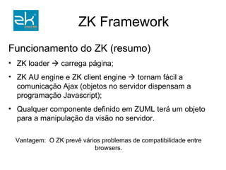 1 : Sempre um cliente faz a requisição de uma página através da URL, o ZK loader interpreta a requisição, gera a página HTML correspondente (baseado no código ZUML referente à URL requisitada) e cria objetos no servidor que permitirão a manipulação da interface da página. 