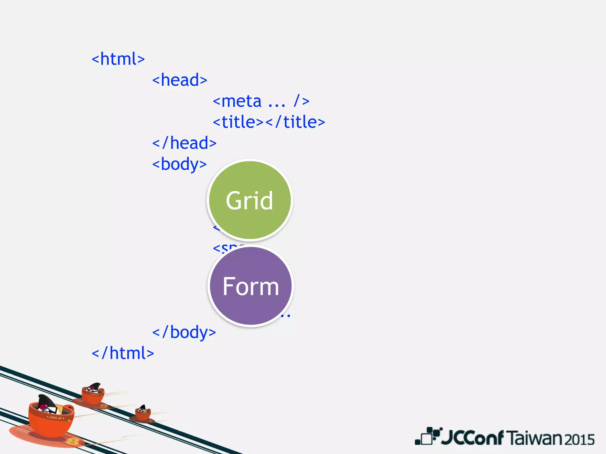 <html>
<head>
<meta ... />
<title></title>
</head>
<body>
<div>
...
</div>
<span>
...
</span>
...
</body>
</html>
Grid
Form
 