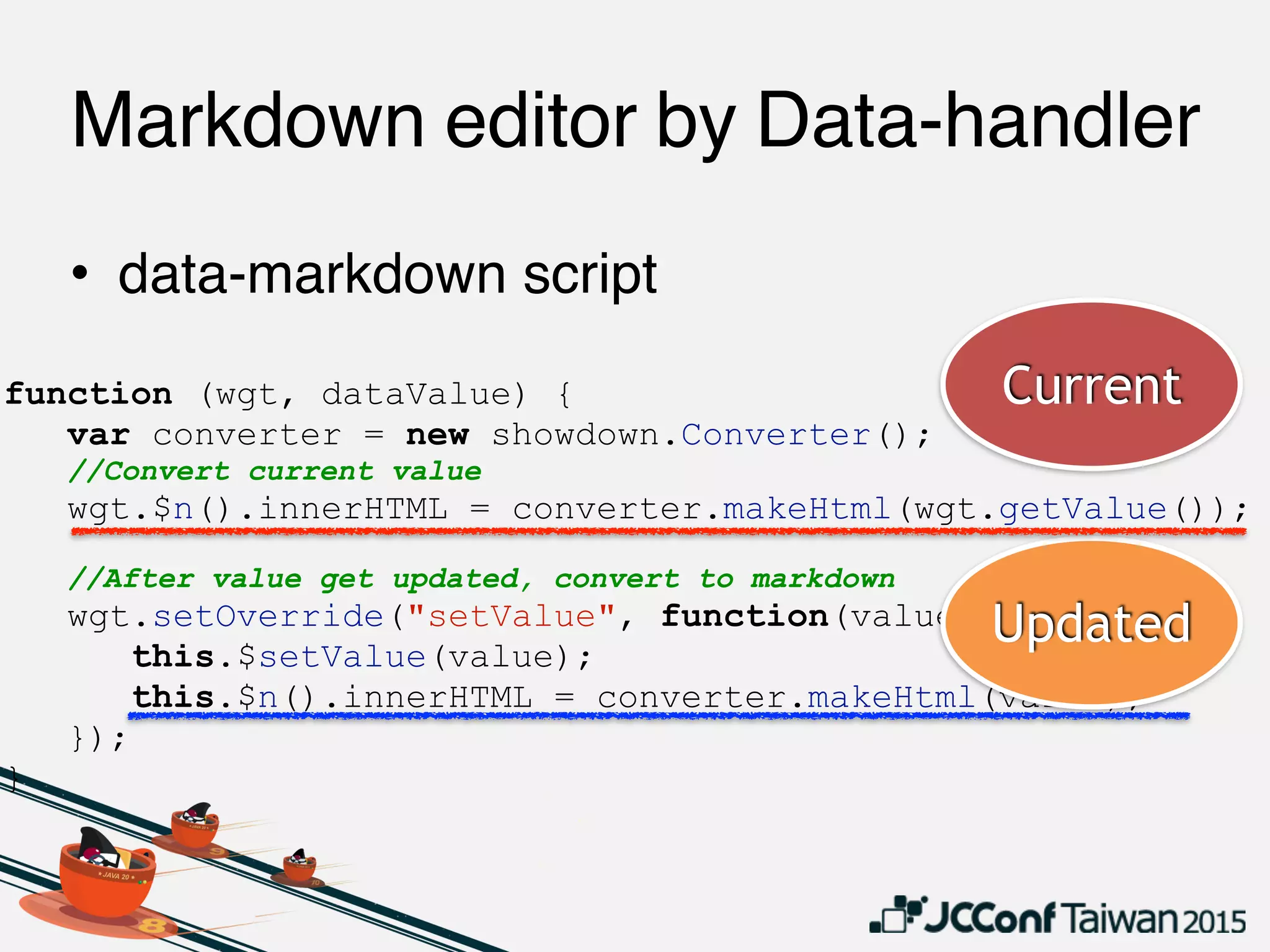 function (wgt, dataValue) {
var converter = new showdown.Converter();
//Convert current value
wgt.$n().innerHTML = converter.makeHtml(wgt.getValue());
//After value get updated, convert to markdown
wgt.setOverride("setValue", function(value) {
this.$setValue(value);
this.$n().innerHTML = converter.makeHtml(value);
});
}
• data-markdown script
Markdown editor by Data-handler
Current
Updated
 